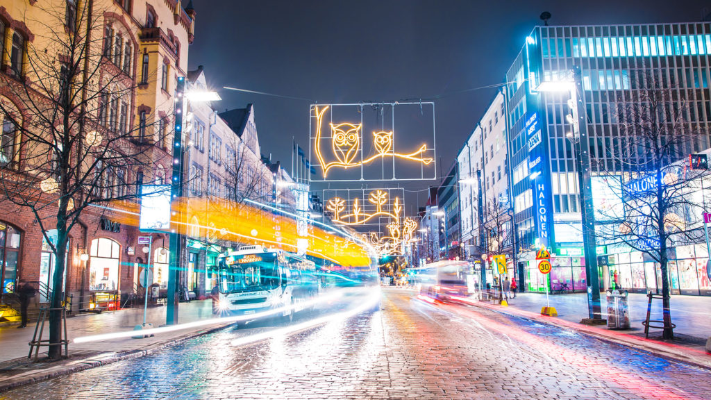 A nightview of Hämeenkatu in winter. The lights of the city are bright.