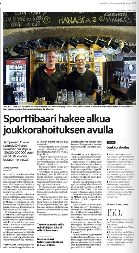 Aamulehti kirjoitti projektista 3.10.2014​